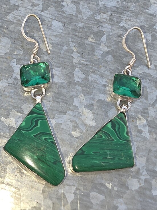 Malachite & Chrome Diopside Art Deco Earrings In 925 Sterling Silver (2.5\